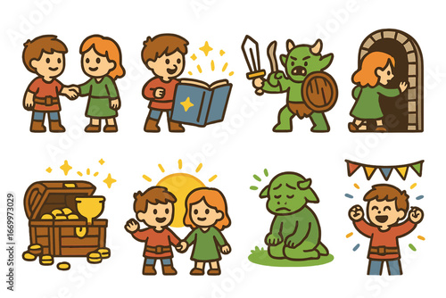 Children's Story Moments. Flat vector mini-illustrations chapter story moments in colors children's illustrations: hero meeting