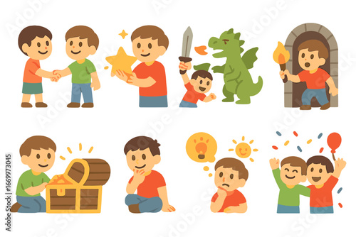 Children's Story Moments. Flat vector mini-illustrations chapter story moments in colors children's illustrations: hero meeting