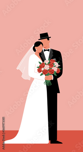Happy bride and groom embrace, holding a bouquet of roses on their wedding day. Illustrates love, partnership, and celebration.