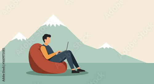Man working remotely on a laptop from a comfortable bean bag outdoors, surrounded by serene mountains. Represents flexible work, freedom, and a balanced lifestyle.