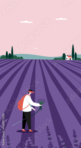 Person harvesting fragrant lavender in a vast field under a serene pink sky. Captures tranquility, agriculture, and summer beauty.