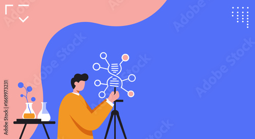 Researcher interacting with a conceptual DNA structure and molecular models in a laboratory. Illustrates scientific discovery, genetic research, and biotech innovation.