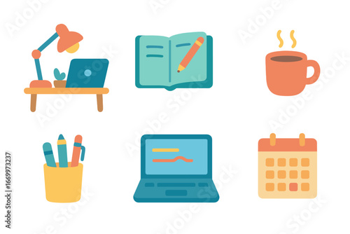 Children's Workspace Icons. Flat vector mini-illustrations proofreading workspace in colors children's illustrations: desk, lamp,