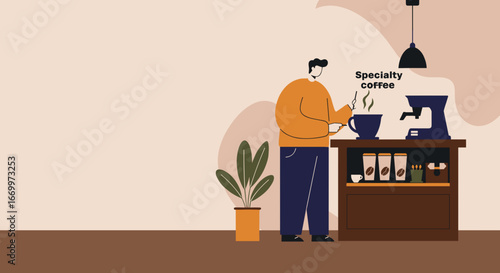 Man preparing specialty coffee at a modern home or cafe station, representing daily routine and quality beverage enjoyment.