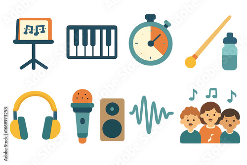 Choir Rehearsal Tools Icons. Flat vector mini-illustrations choir rehearsal tools in colors children's illustrations: sheet music