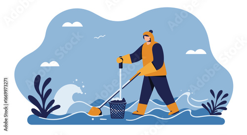 Person in protective gear actively cleaning up debris from floodwaters, symbolizing disaster relief, environmental restoration, and community resilience.