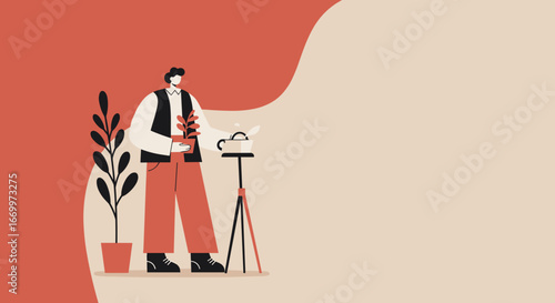 Person cultivating plants at home, capturing moments with a camera. Represents hobby, lifestyle, creativity, and self-care. Ideal for design, blogging, or home decor concepts.