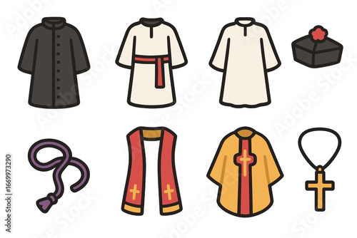 Church Attire Icons. Flat vector mini-illustrations traditional church attire in colors children's illustrations: cassock, alb,