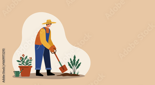 Man in a hat and overalls digs soil with a shovel to plant. This wholesome activity represents gardening, sustainability, and green living.