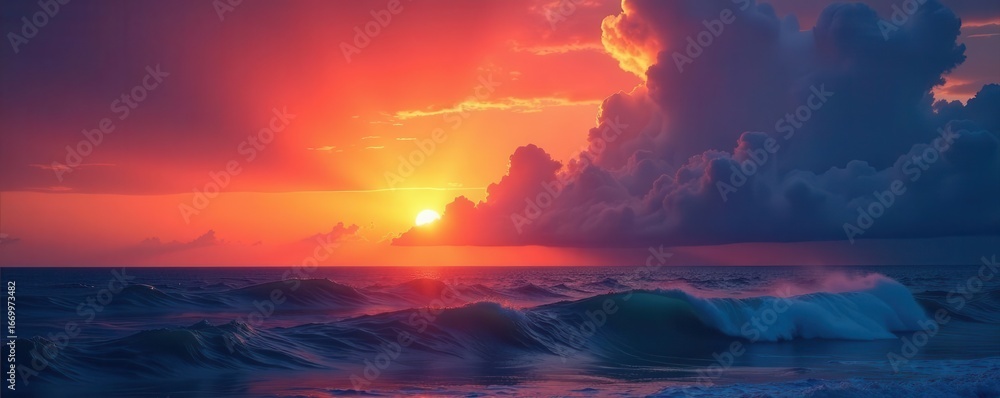 Fototapeta premium Fiery sunset paints clouds above restless sea, calm, image