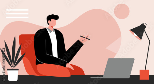 Young businessman working diligently at his laptop in a modern office setup, holding a pen. Represents remote work, planning, and professional productivity.