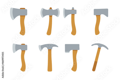 Colorful Axes Collection. Flat vector mini-illustrations types of axes in colors children's illustrations: broad axe, hand axe,