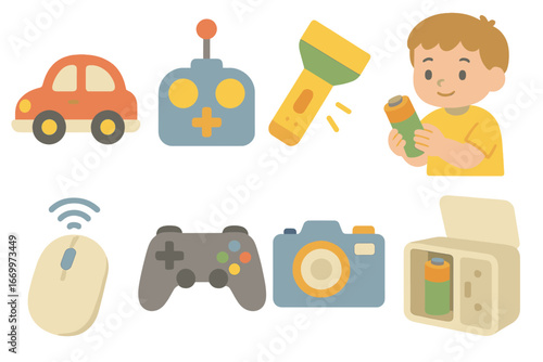 Colorful Battery Icons. Flat vector mini-illustrations battery usage in colors children's illustrations: toy car, remote control,