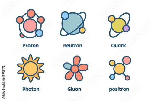Colorful Atomic Particles. Flat vector mini-illustrations atomic particles in colors children's illustrations: proton, neutron,