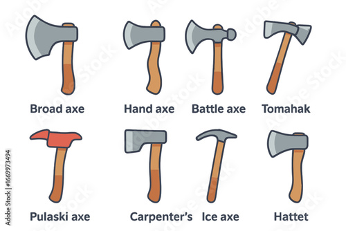 Colorful Axes Collection. Flat vector mini-illustrations types of axes in colors children's illustrations: broad axe, hand axe,