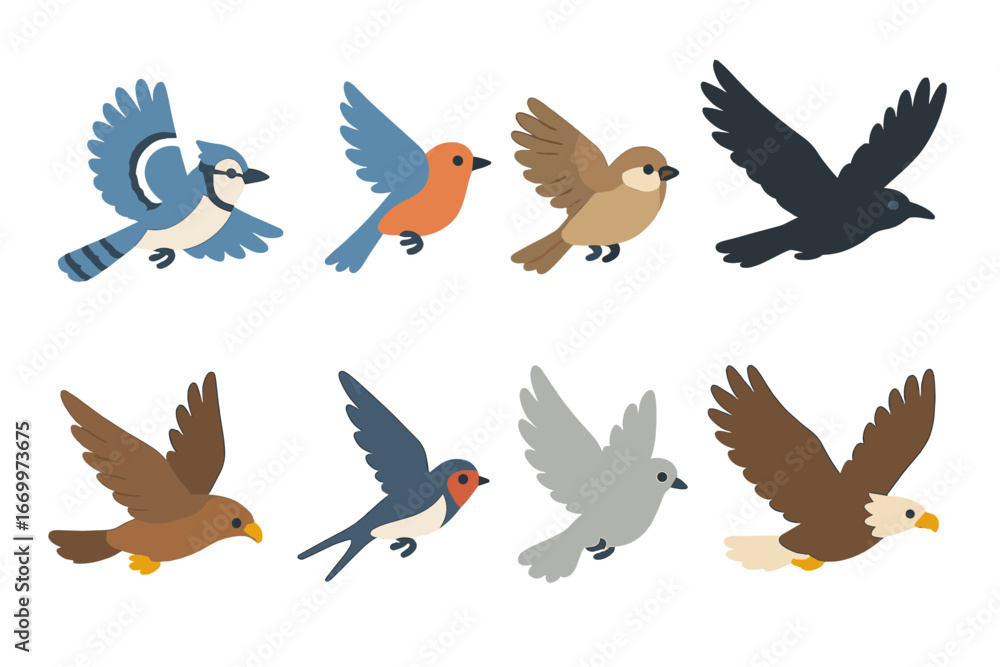 Fototapeta premium Colorful Birds in Flight. Flat vector mini-illustrations birds in flight in colors children's illustrations: jay flying, bluebird