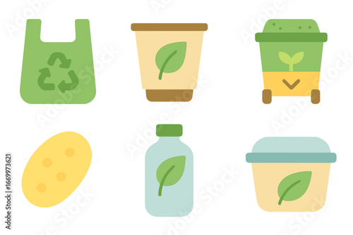 Colorful Bioplastic Icons. Flat vector mini-illustrations bioplastic in colors children's illustrations: bioplastic bag,