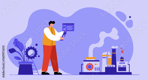 Professional analyzing industrial data on a tablet, overseeing a modern factory. Illustrates smart manufacturing, operational efficiency, and technological integration in business.