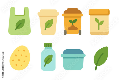 Colorful Bioplastic Icons. Flat vector mini-illustrations bioplastic in colors children's illustrations: bioplastic bag,