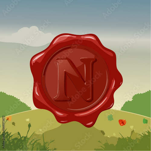 Red seal wax with alphabet letter N vector