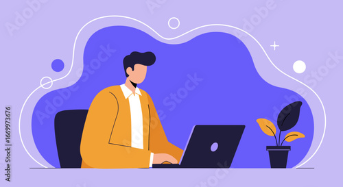 Professional man works diligently on his laptop in a modern, minimalist workspace. Ideal for business, productivity, or technology concepts.