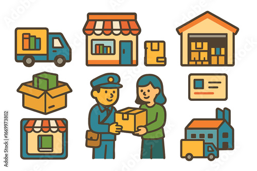 Colorful Book Distribution Icons. Flat vector mini-illustrations book distribution in colors children's illustrations: delivery