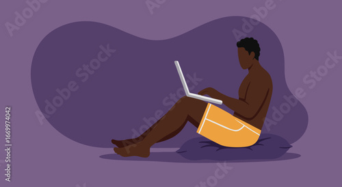 Man casually working on a laptop, embracing remote work and digital lifestyle. Ideal for business, technology, or travel concepts.