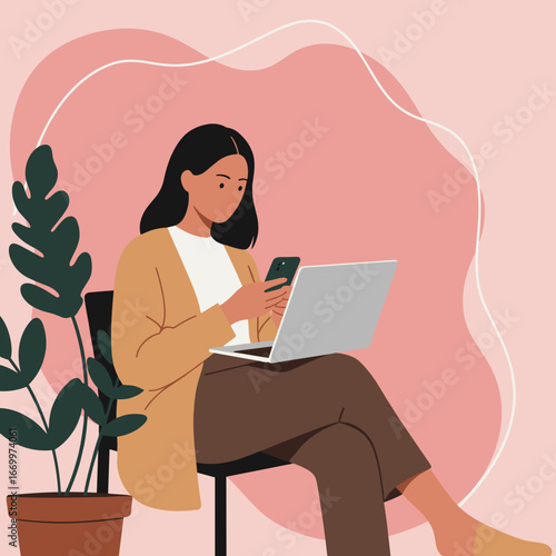 Focused young woman multitasking with a laptop and smartphone in a modern, comfortable home environment. Ideal for themes of remote work, online communication, digital lifestyle, and productivity.