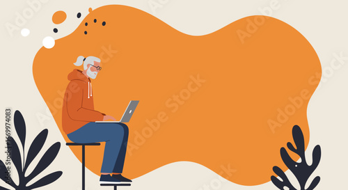 Modern senior man focused on a laptop, symbolizing digital literacy, online learning, and remote work for older generations. Lifestyle and tech concept.