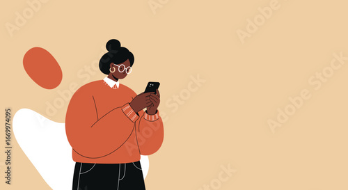 Stylish young Black woman focused on her smartphone, connecting online. Perfect for social media, digital communication, and modern lifestyle themes.