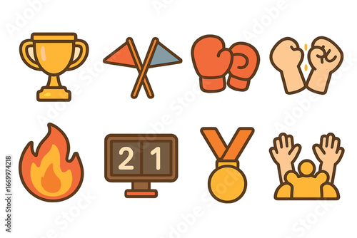Colorful Children's Rivalry. Flat vector mini-illustrations rivalry in colors children's illustrations: trophy, crossed flags,