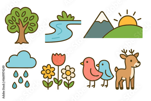 Colorful Children's Icons. Flat vector mini-illustrations psalm nature in colors children's illustrations: olive tree, river,