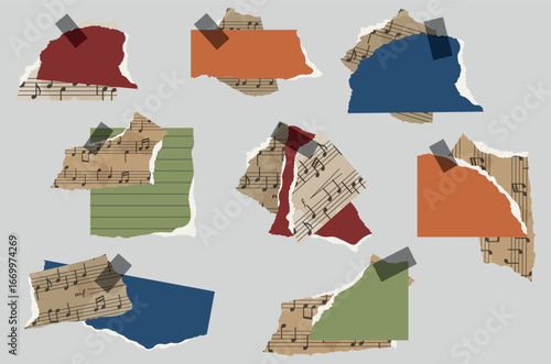Set of a vintage-style collage of torn paper pieces, some with musical notes, held together with dark brown tape. Collection of vintage torn sheet music paper scraps with musical notes