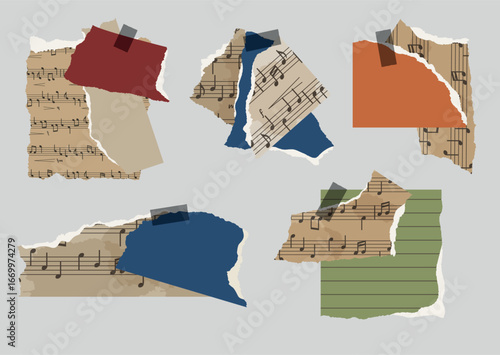 Set of a vintage-style collage of torn paper pieces, some with musical notes, held together with dark brown tape. Collection of vintage torn sheet music paper scraps with musical notes, taped fragment