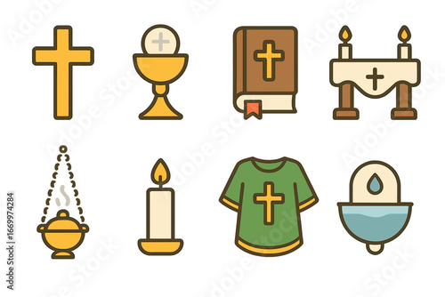 Colorful Church Symbols. Flat vector mini-illustrations Parish religious symbols in colors children's illustrations: cross,