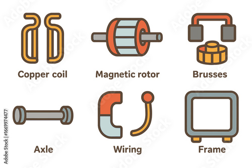 Colorful Dynamo Components. Flat vector mini-illustrations dynamo parts in colors children's illustrations: copper coil, magnetic
