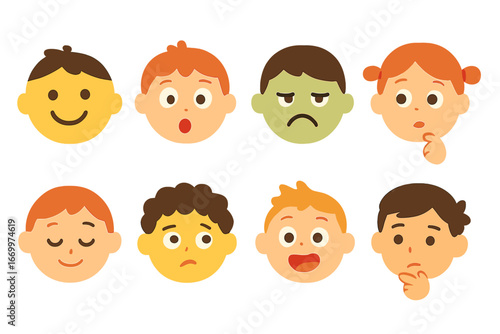 Colorful Emotion Icons. Flat vector mini-illustrations taste emotions in colors children's illustrations: happy face, surprised
