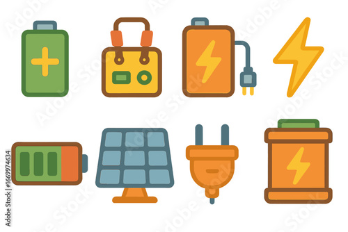 Colorful Energy Icons. Flat vector mini-illustrations battery booster in colors children's illustrations: battery with plus sign,