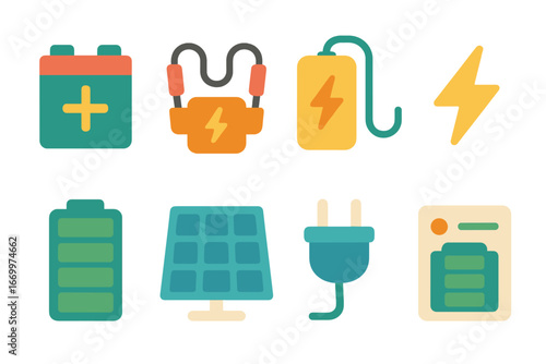 Colorful Energy Icons. Flat vector mini-illustrations battery booster in colors children's illustrations: battery with plus sign,