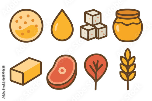 Colorful Energy Icons. Flat vector mini-illustrations energy sources in colors children's illustrations: carbohydrates, fats,