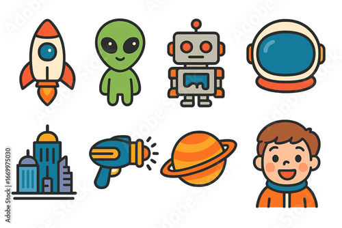 Colorful Kids' Sci-Fi Icons. Flat vector mini-illustrations science fiction in colors children's illustrations: rocket ship, alien