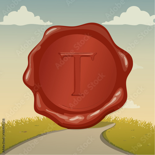 Red seal wax with alphabet letter T vector