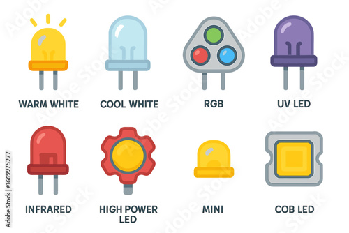 Colorful LED Types. Flat vector mini-illustrations LED lighting types in colors children's illustrations: warm white LED, cool