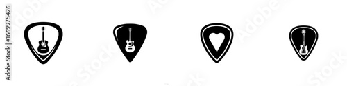 Guitar picks with musical instruments and heart shapes, minimalist monochrome icons