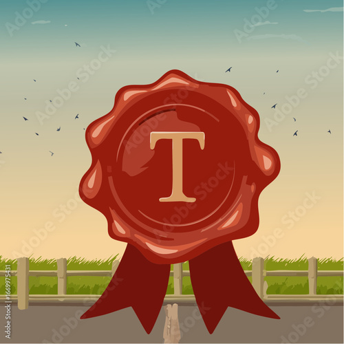 Red seal wax with alphabet letter T vector