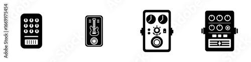 Guitar effect pedals and audio equipment icons, minimalist monochrome icons