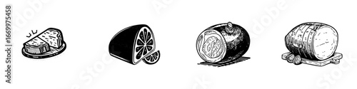 Stylized food items: cheese, citrus, root vegetables, graphic art, minimalist monochrome icons