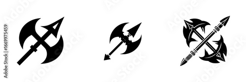 Fantasy Battle Axes and Spears Icons, minimalist monochrome icons