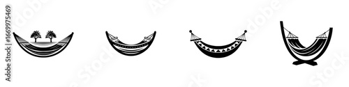 Stylized hammock icons for relaxation and outdoor leisure, minimalist monochrome icons