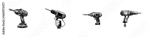 Cordless power drills and bits isolated on white background, minimalist monochrome icons